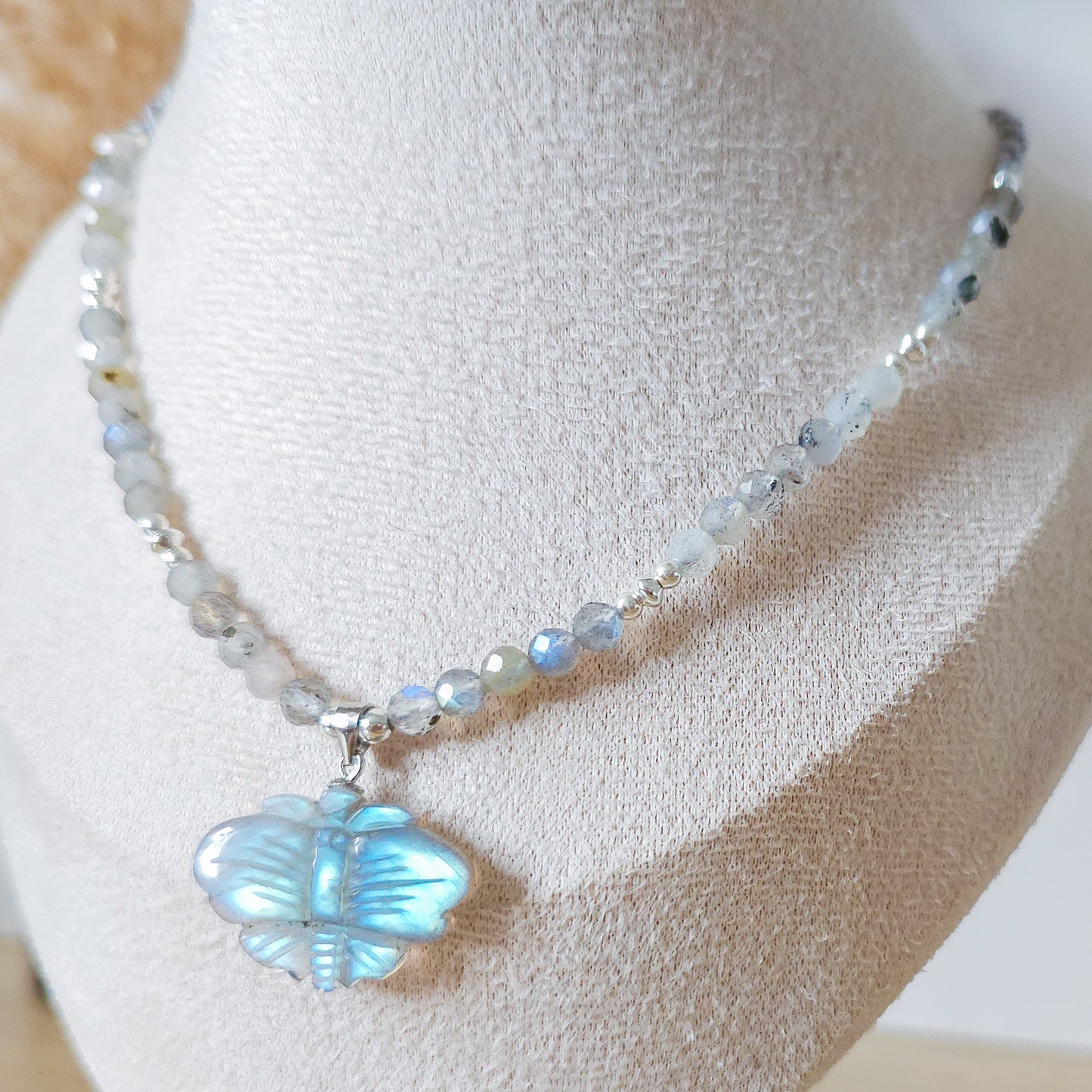 Handmade Necklace with Labradorite Butterfly pendant, Labradorite and 925 Silver beads