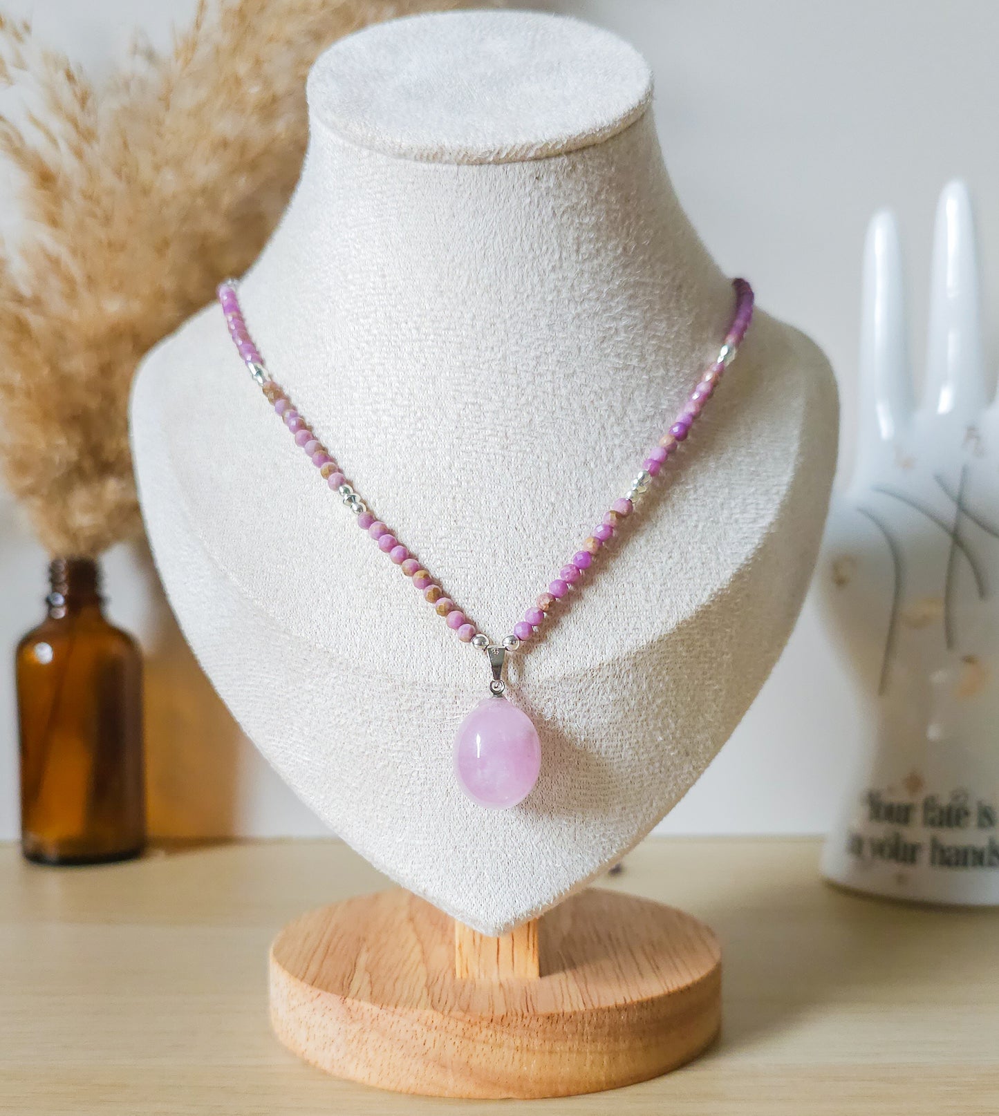 Handmade Necklace with High Quality, Flashy Kunzite pendant, Phosphosiderite and 925 Silver beads