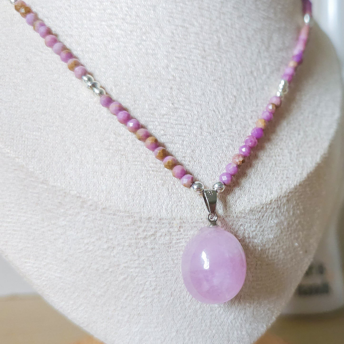 Handmade Necklace with High Quality, Flashy Kunzite pendant, Phosphosiderite and 925 Silver beads