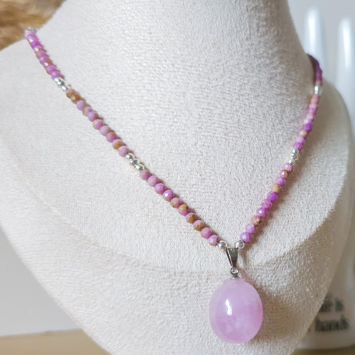 Handmade Necklace with High Quality, Flashy Kunzite pendant, Phosphosiderite and 925 Silver beads