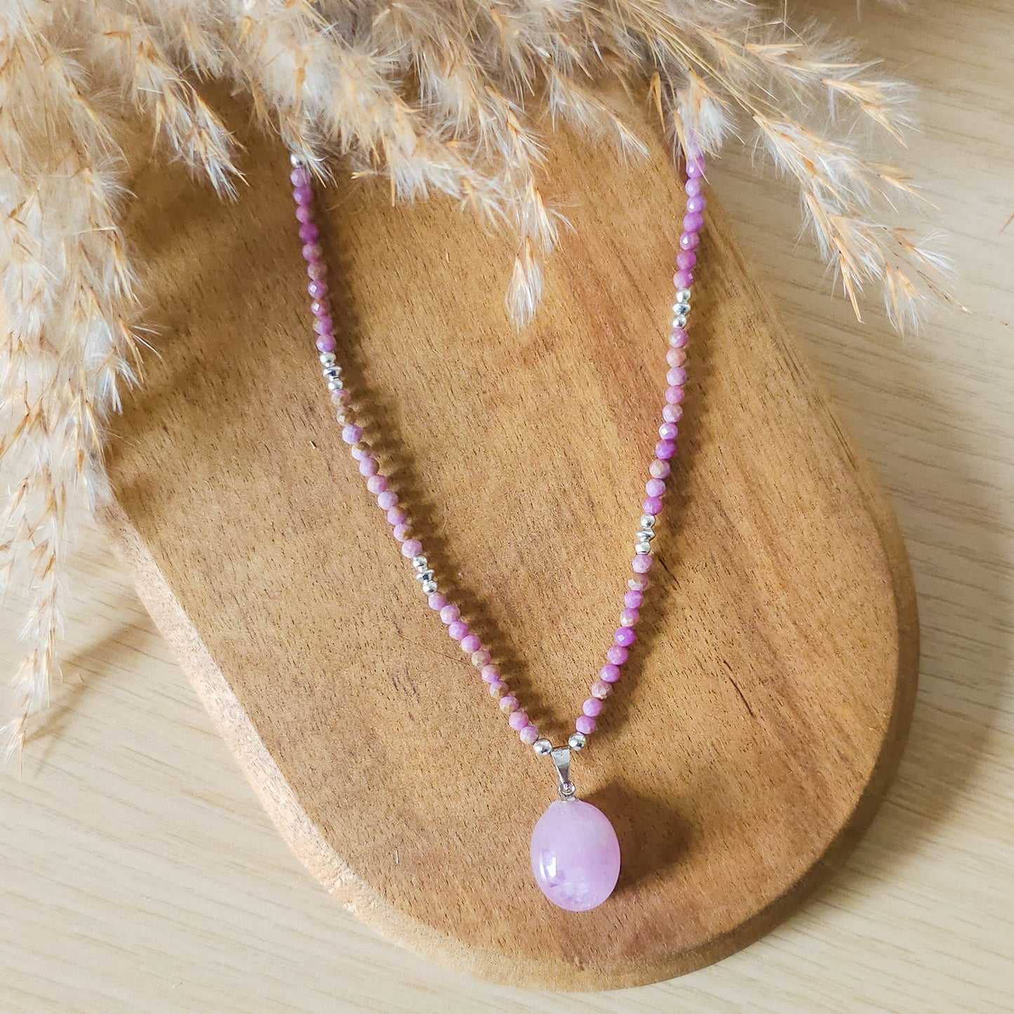 Handmade Necklace with High Quality, Flashy Kunzite pendant, Phosphosiderite and 925 Silver beads