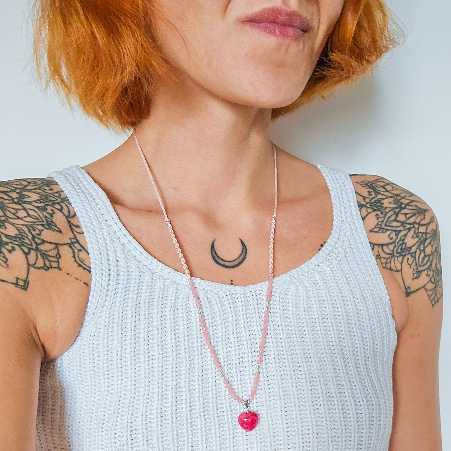 Handmade Necklace with Gemmy Rhodonite heart pendant, Rhodochrosite and 925 silver beads