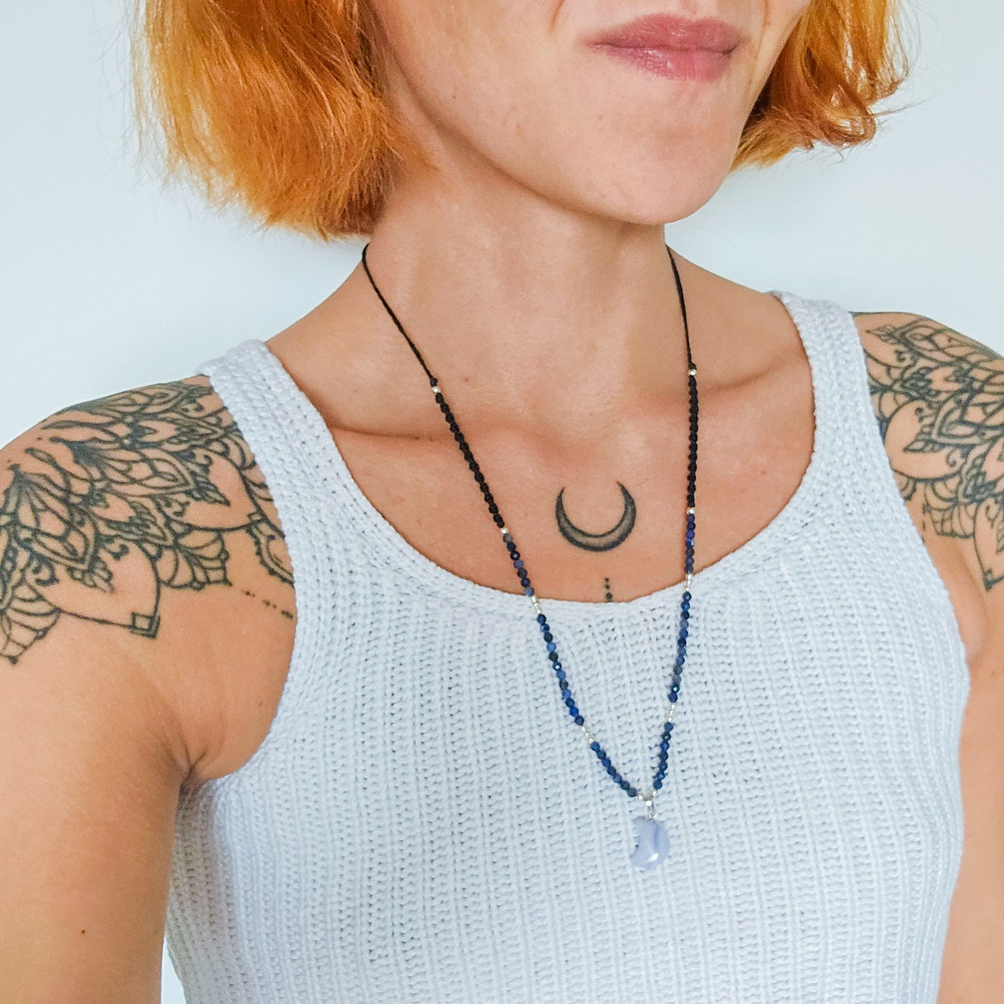 Handmade Necklace with Blue Lace Agate Moon, Sodalite beads and 925 silver beads