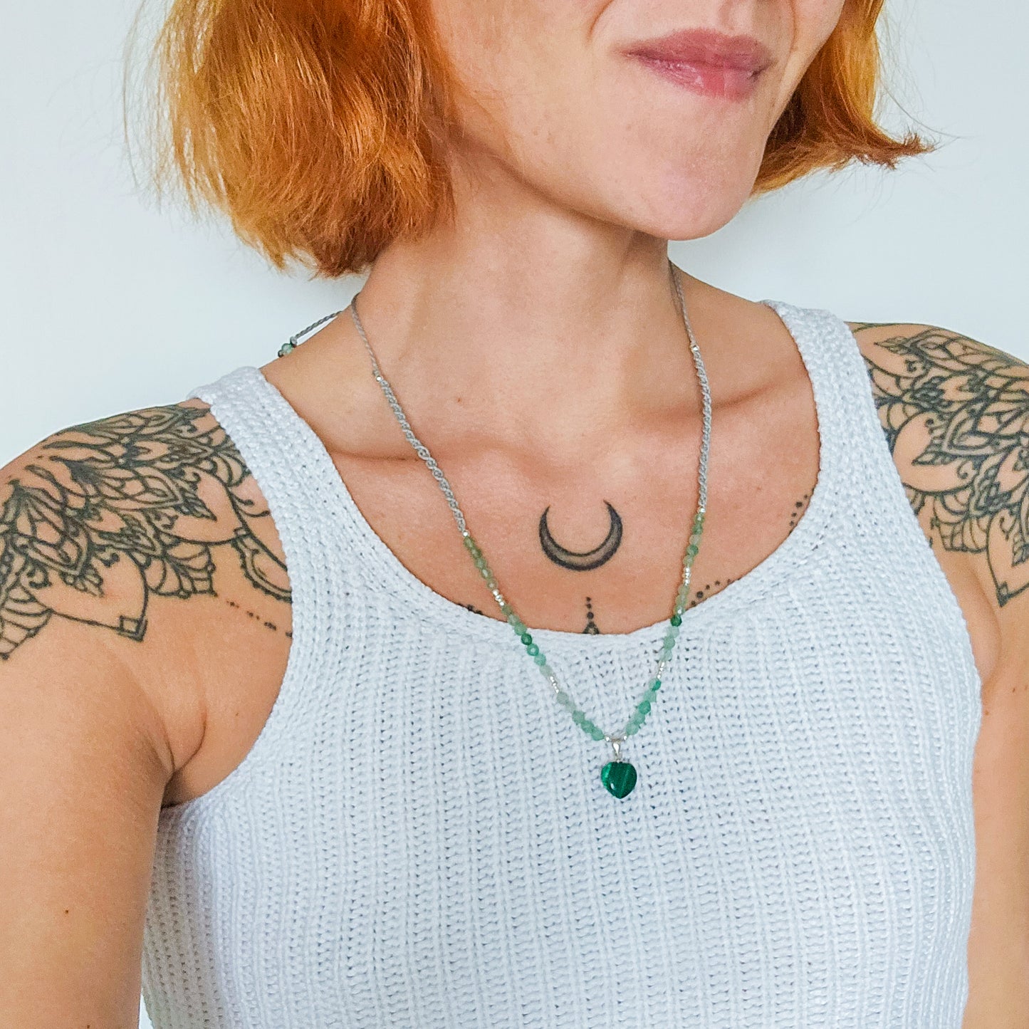 Handmade Necklace with Malachite Heart pendant, Green Aventurine beads and 925 silver beads