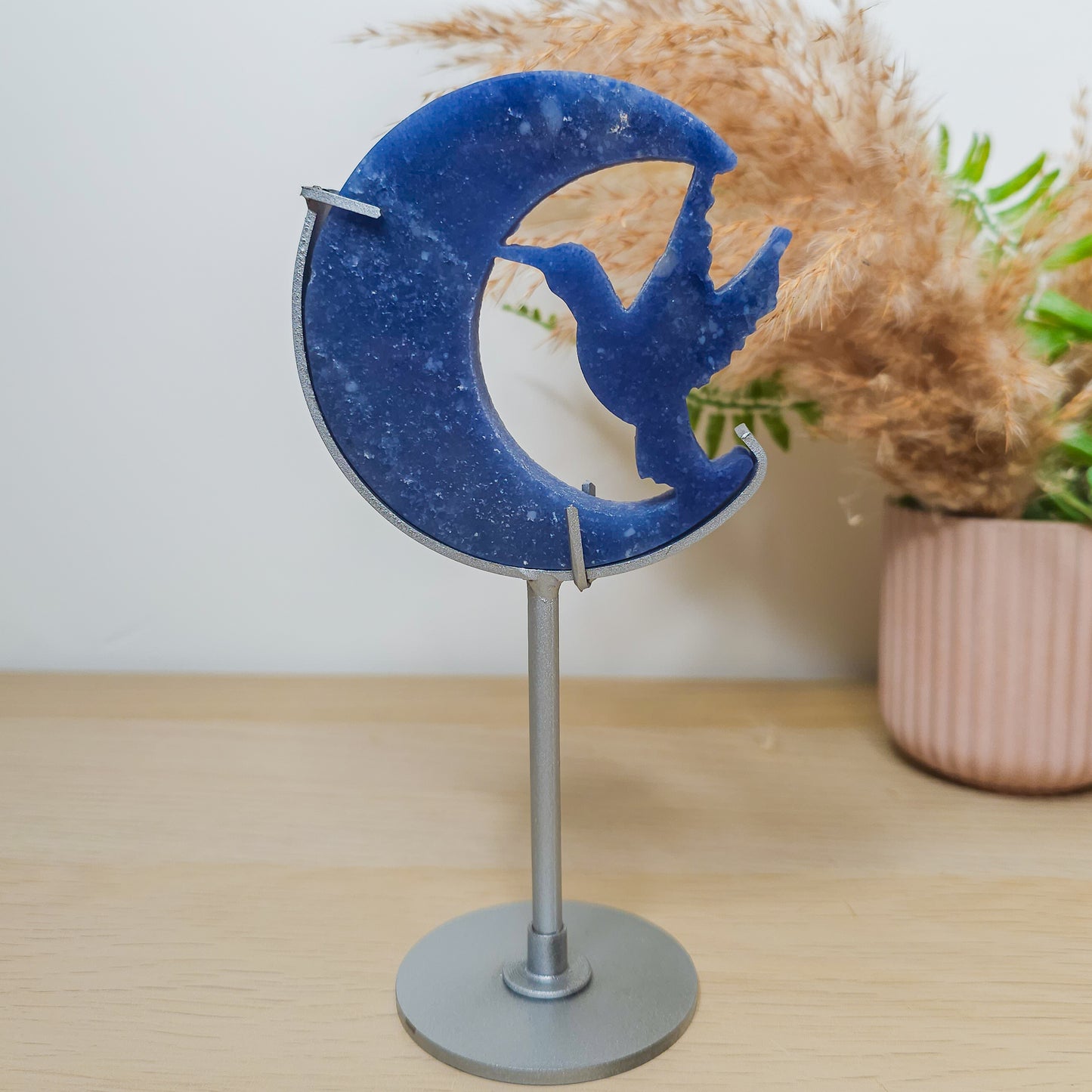 Blue Aventurine Hummingbird With The Moon On The Stand