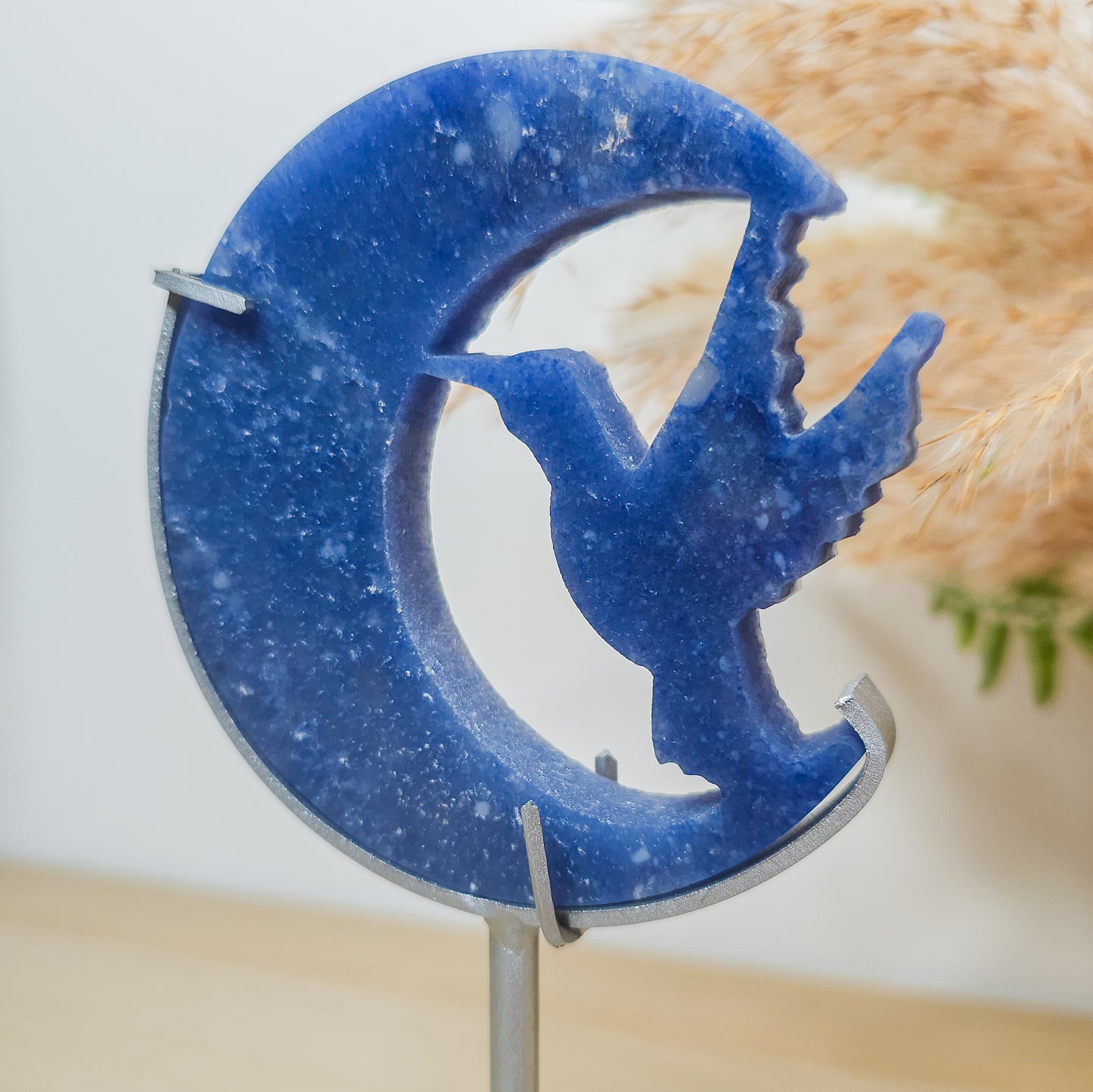 Blue Aventurine Hummingbird With The Moon On The Stand