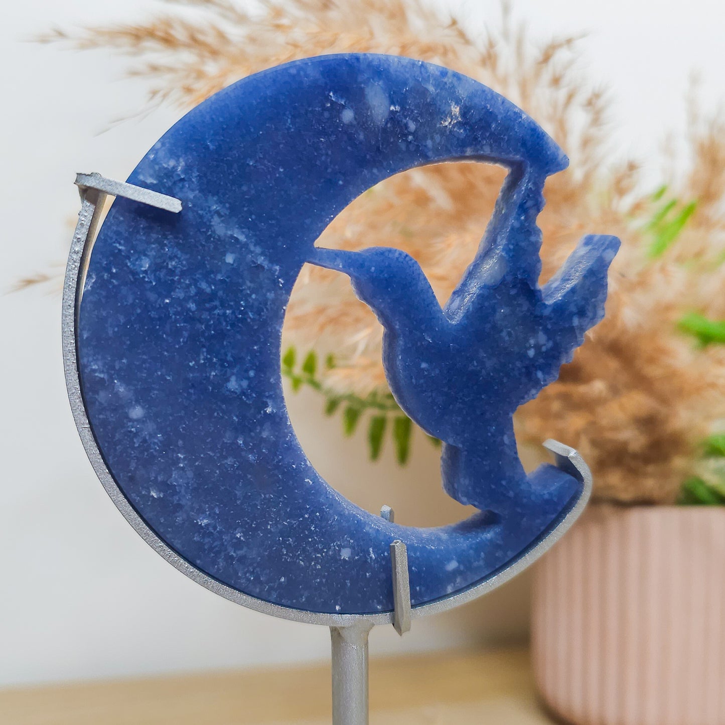 Blue Aventurine Hummingbird With The Moon On The Stand