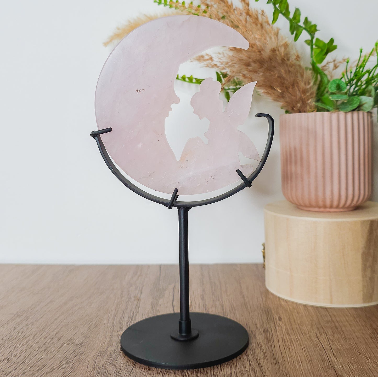Rose Quartz Fairy on the Moon Carving with stand