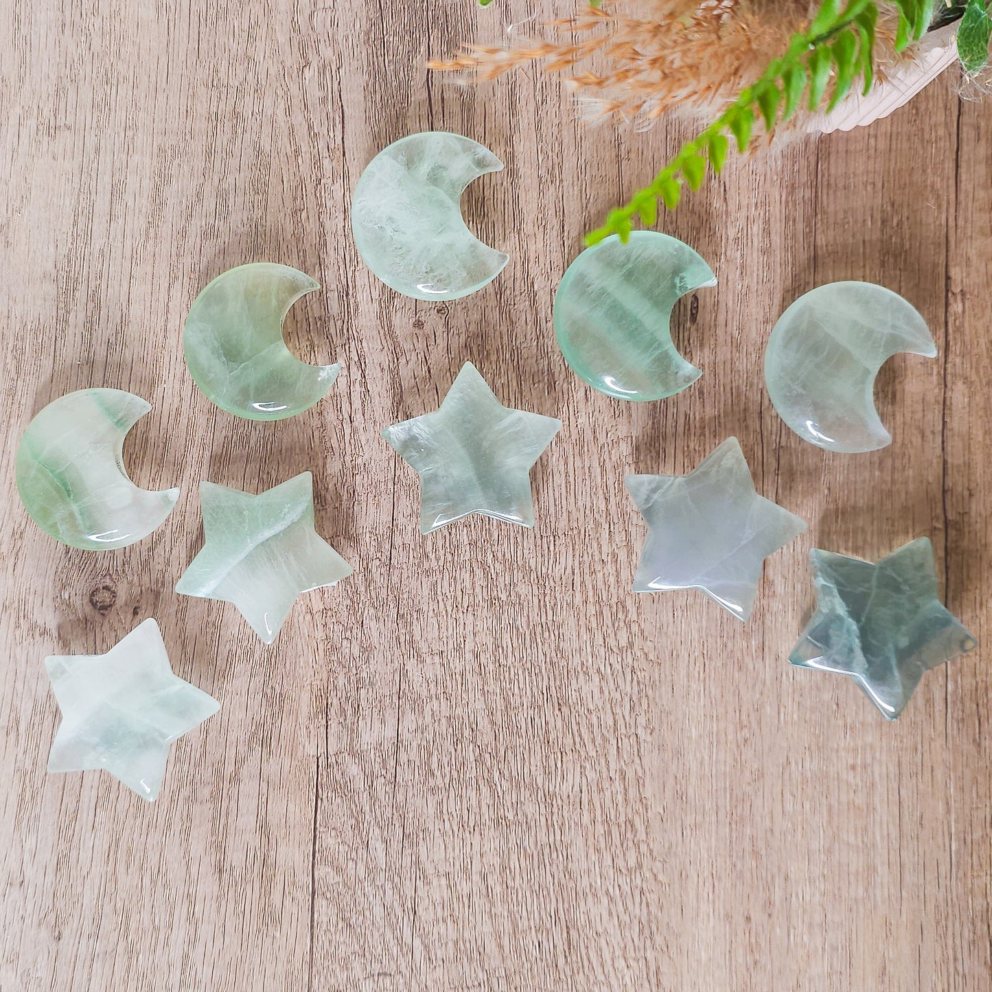 Green Fluorite Moon and Star Carvings