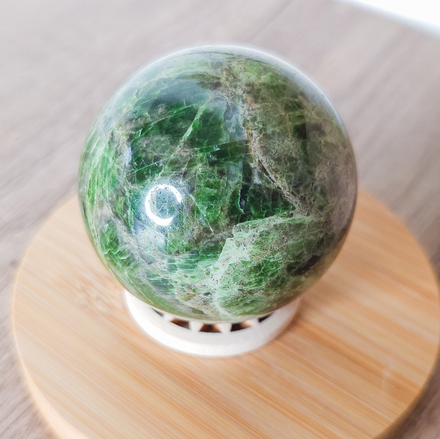 Green Apatite Sphere with stand