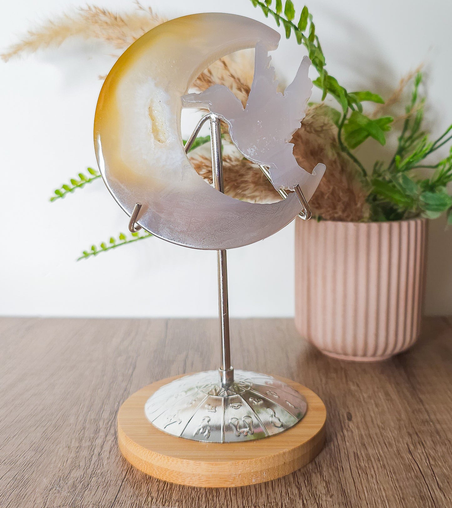 Druzy Agate Hummingbird With Moon Carving on the stand