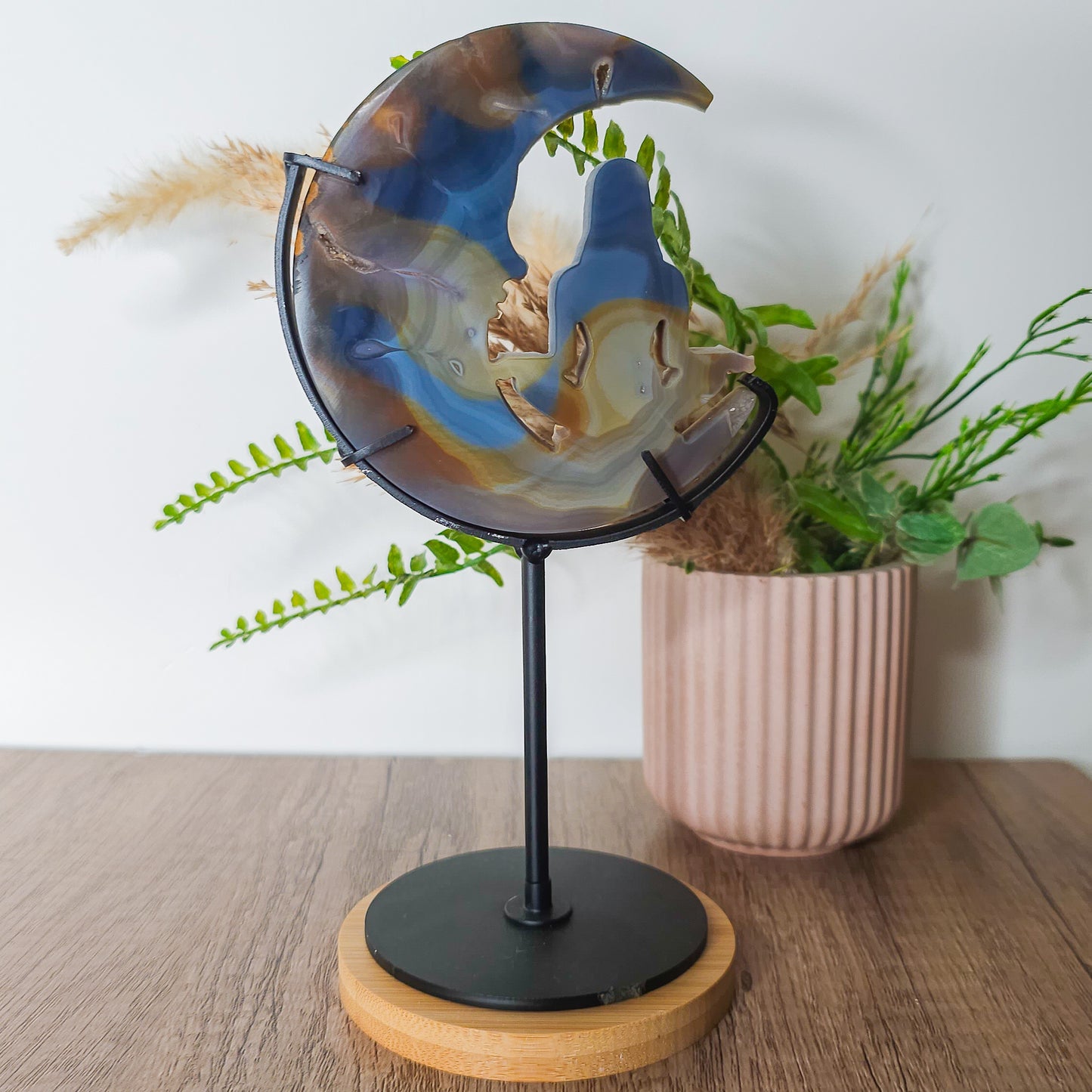 Druzy Agate Meditating Goddess on the Moon Carving on the stand