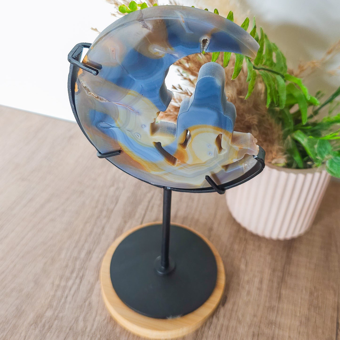 Druzy Agate Meditating Goddess on the Moon Carving on the stand