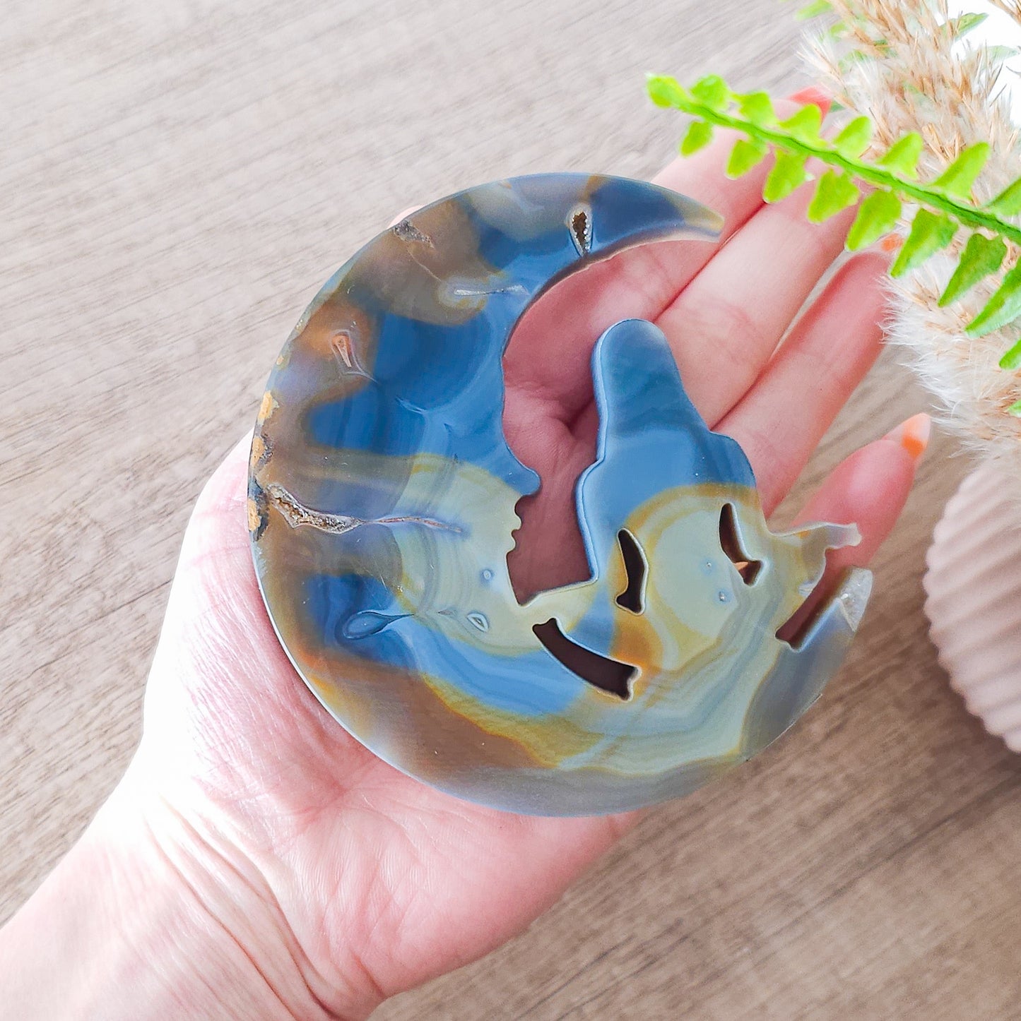 Druzy Agate Meditating Goddess on the Moon Carving on the stand
