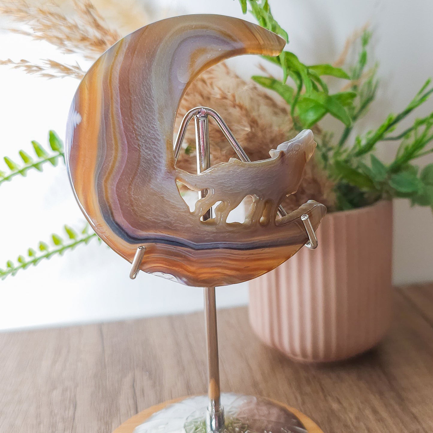 Druzy Agate Wolf on the Moon Carving on the stand