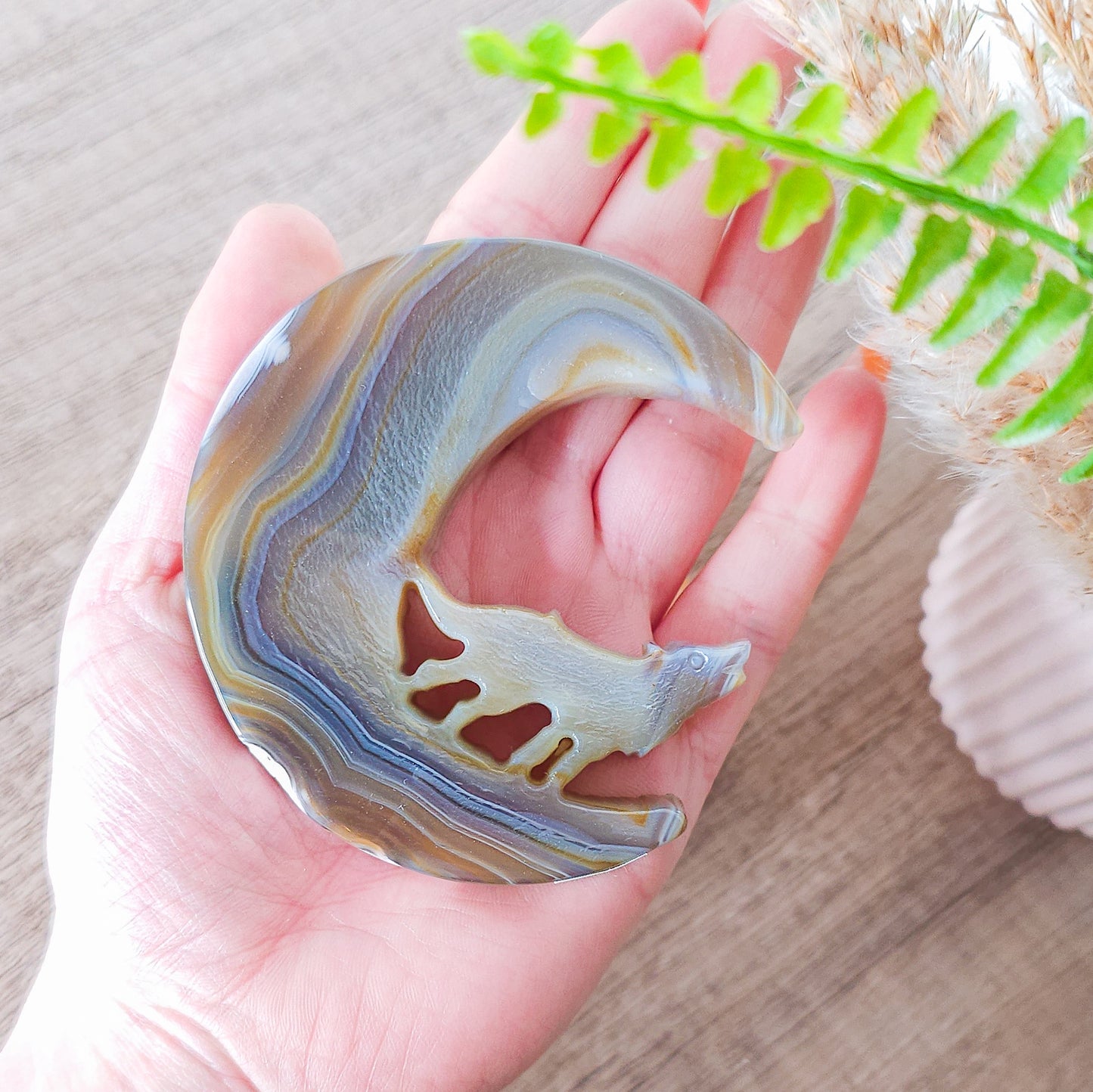 Druzy Agate Wolf on the Moon Carving on the stand