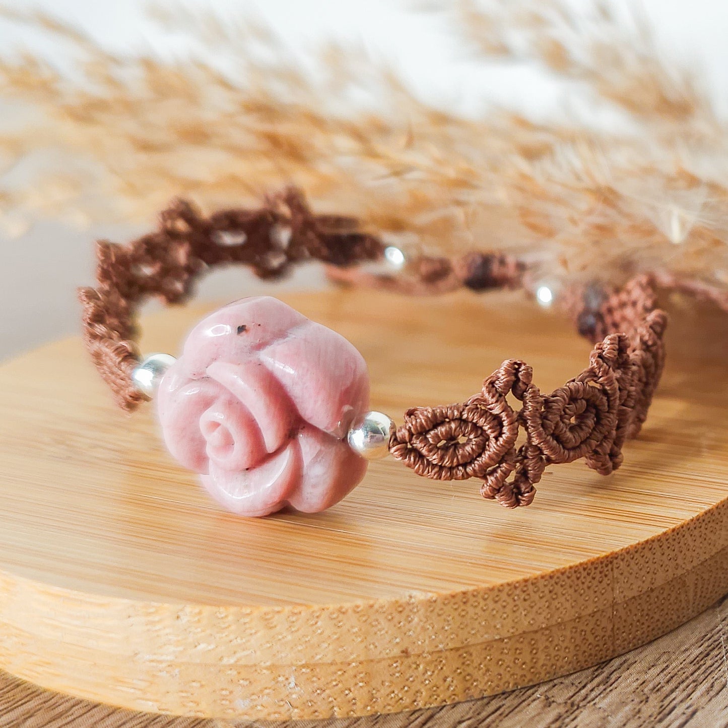 Handmade Bracelet with Pink Petrified Wood Flower and 925 silver beads