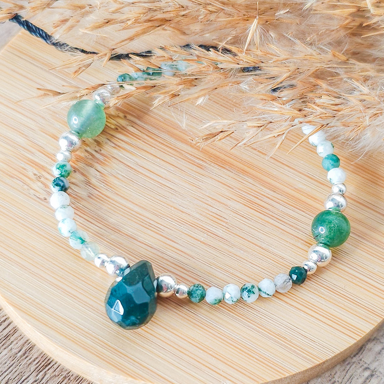 Handmade Bracelet with Moss Agate and 925 Silver Beads
