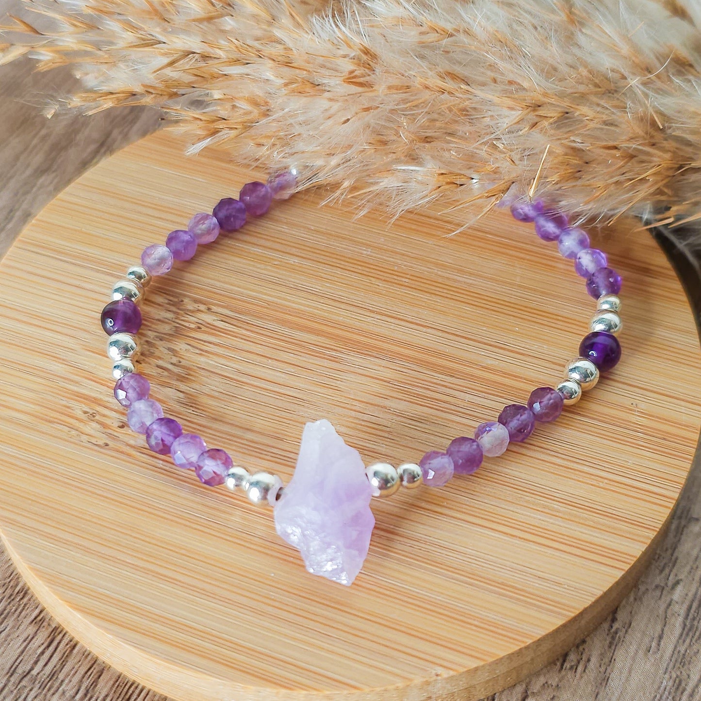 Handmade Bracelet with Raw Amethyst Point, Aura Amethyst and 925 Silver Beads
