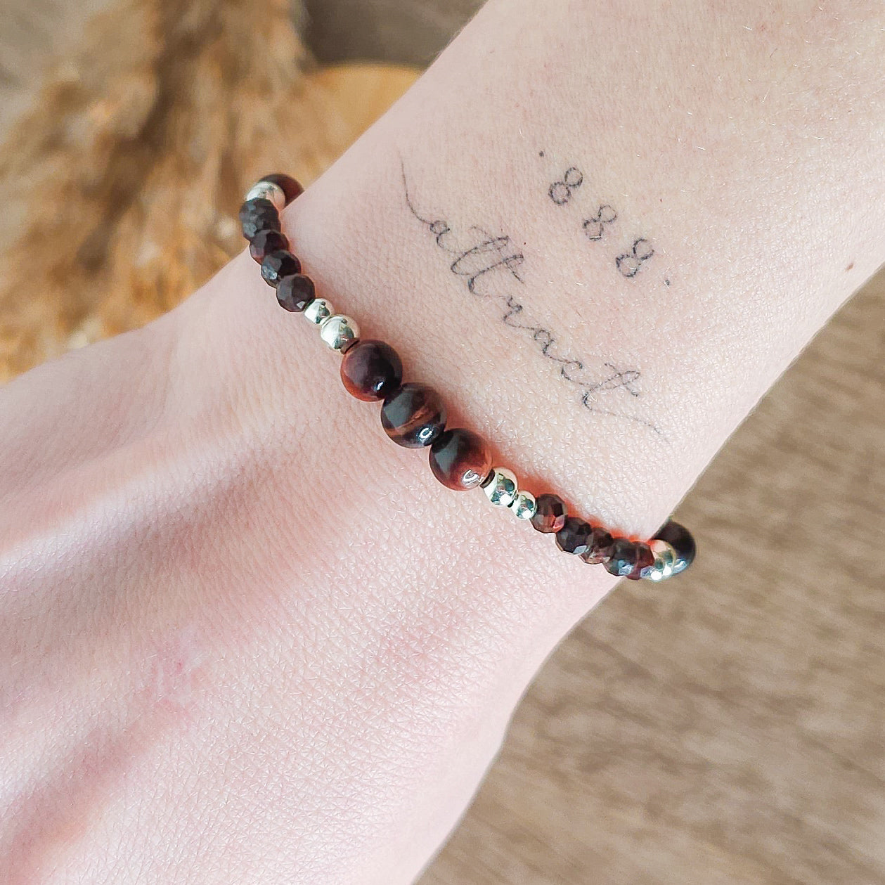 Handmade Bracelet with Red Tiger's Eye and 925 Silver Beads