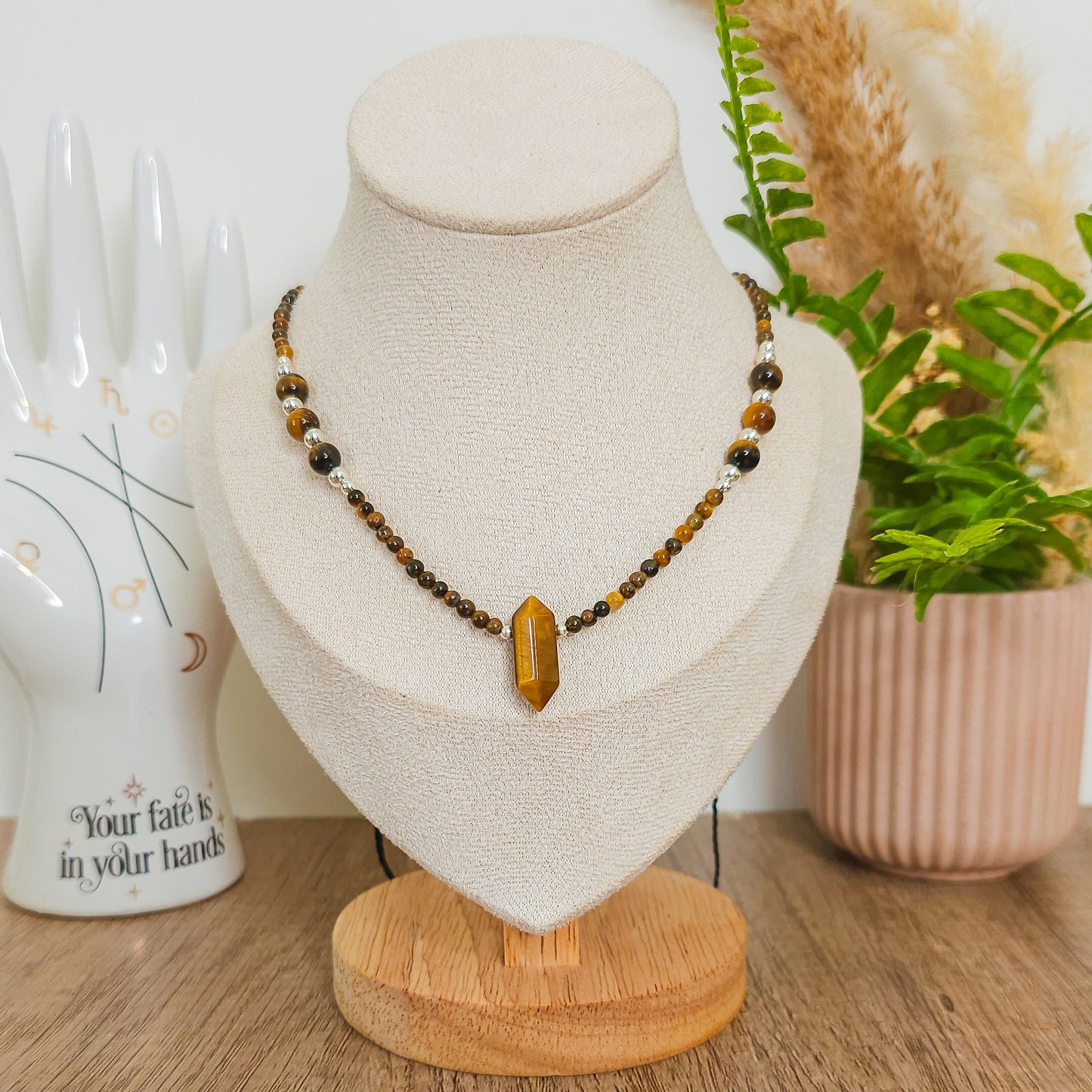 Handmade Necklace with Tiger's Eye and 925 Silver Beads