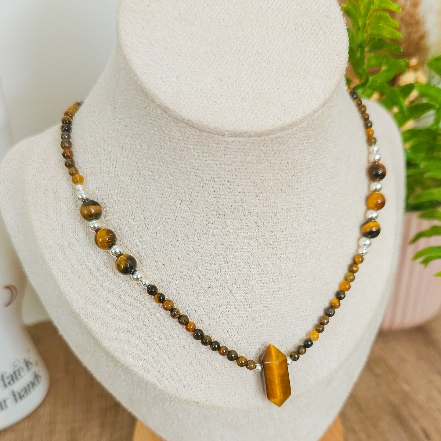 Handmade Necklace with Tiger's Eye and 925 Silver Beads
