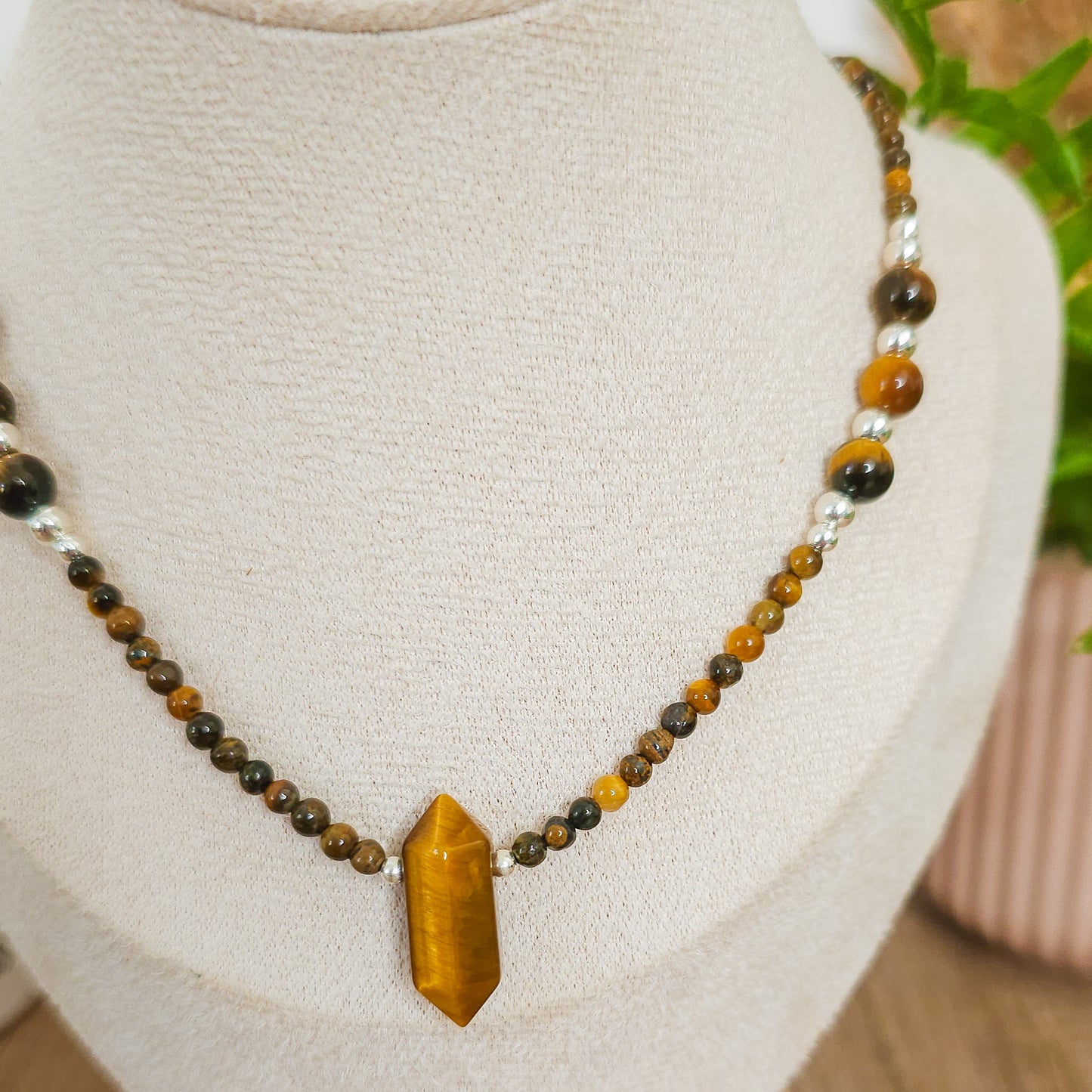 Handmade Necklace with Tiger's Eye and 925 Silver Beads
