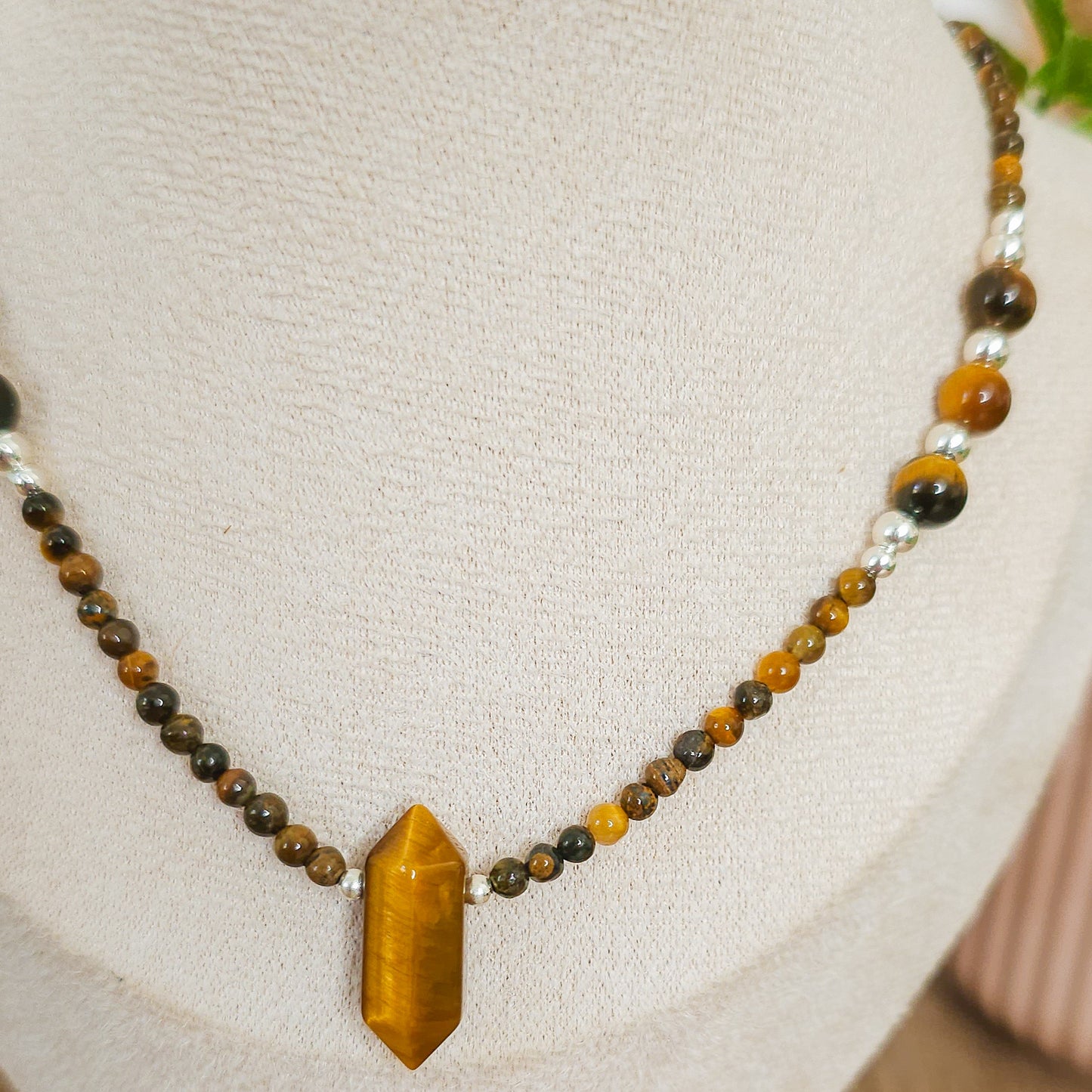 Handmade Necklace with Tiger's Eye and 925 Silver Beads