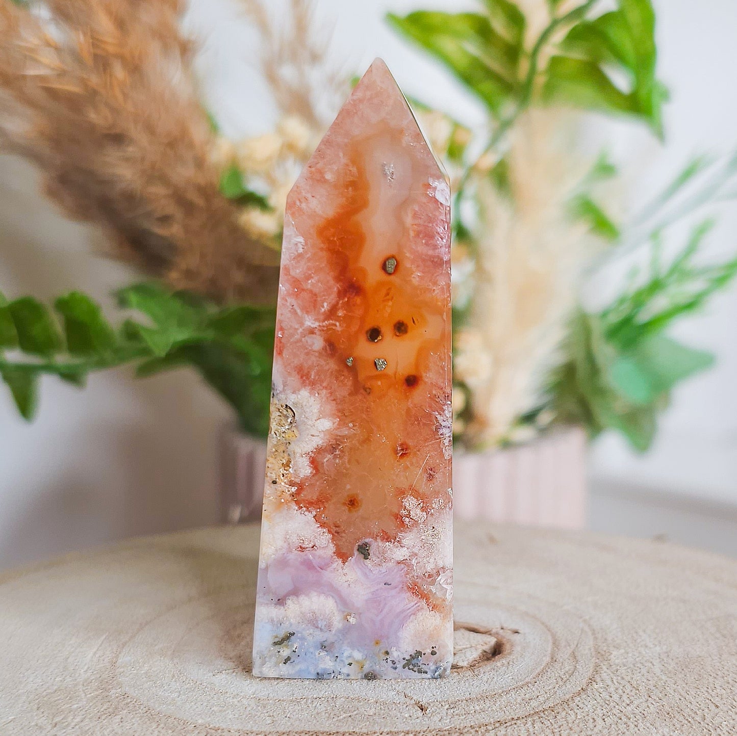 Flower Agate Tower with Pyrite Inclusions