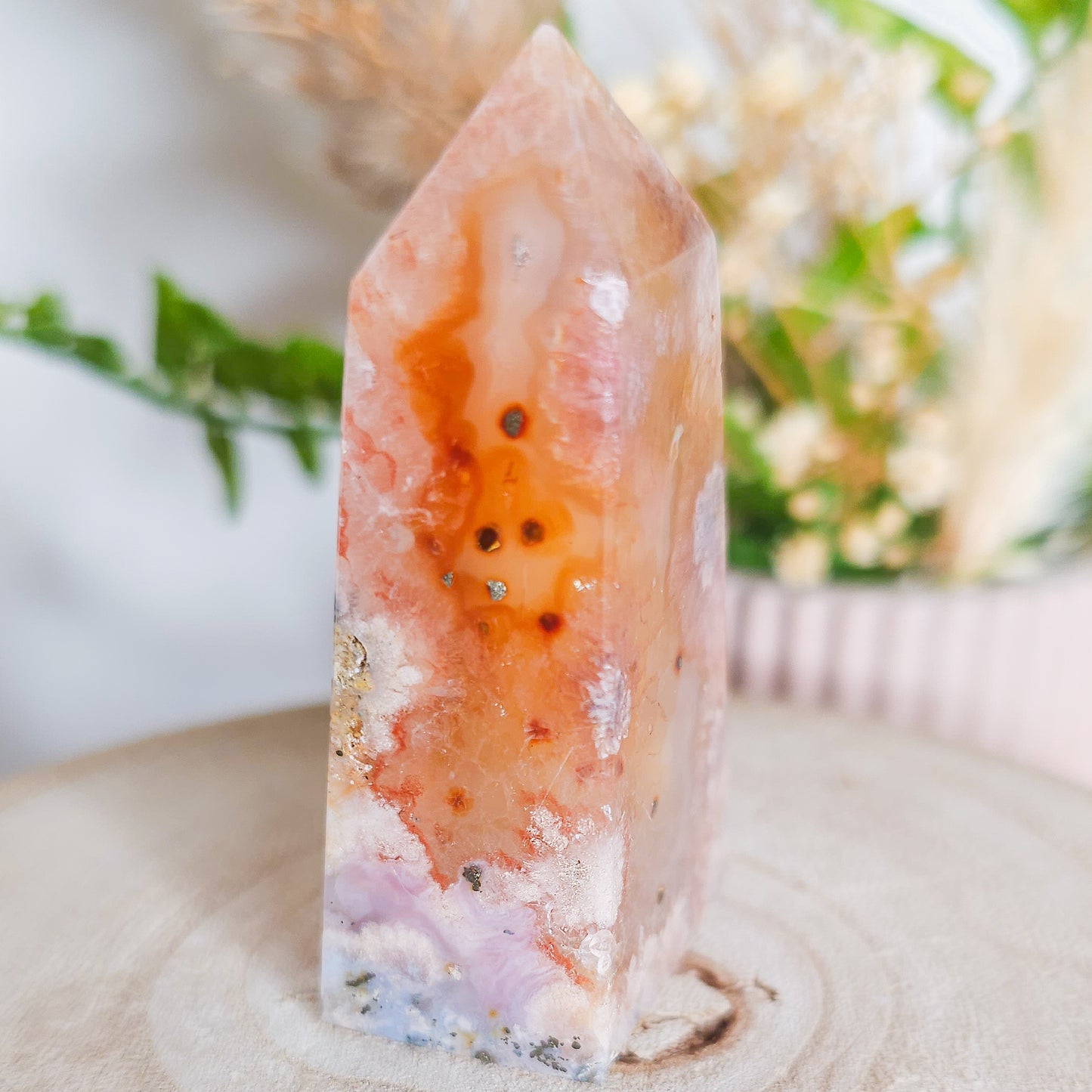 Flower Agate Tower with Pyrite Inclusions