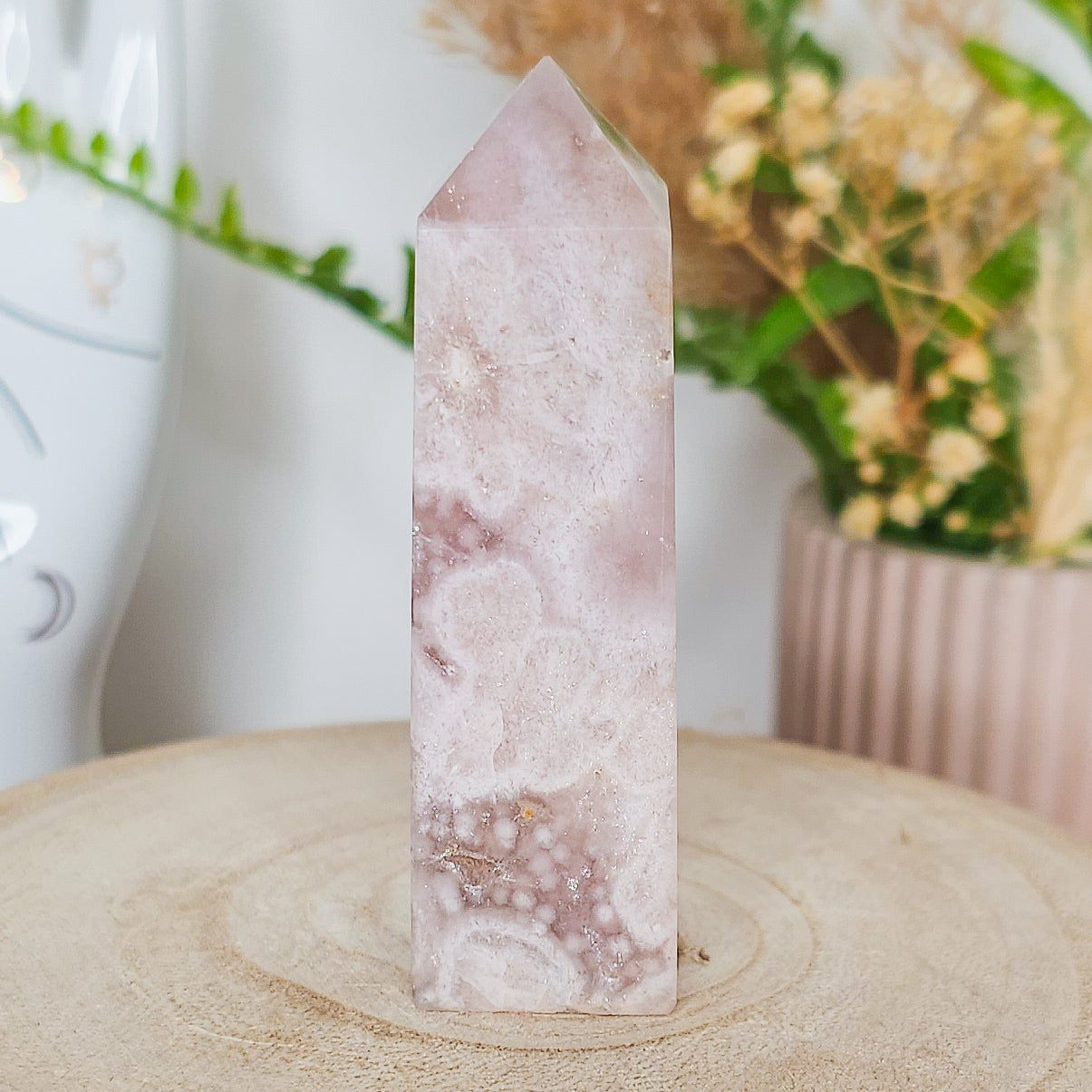 Pink Amethyst with Flower Agate Tower