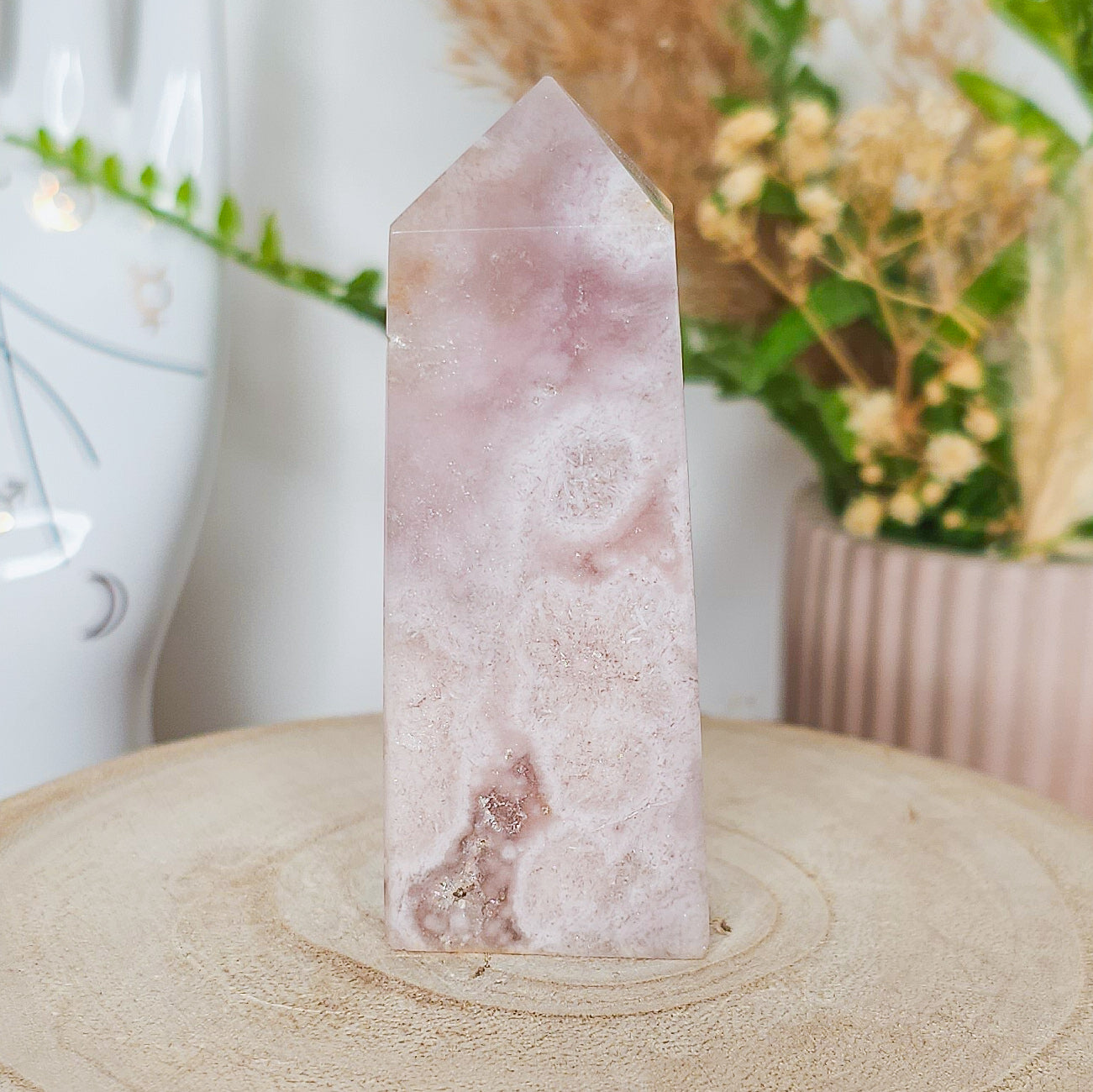 Pink Amethyst with Flower Agate Tower