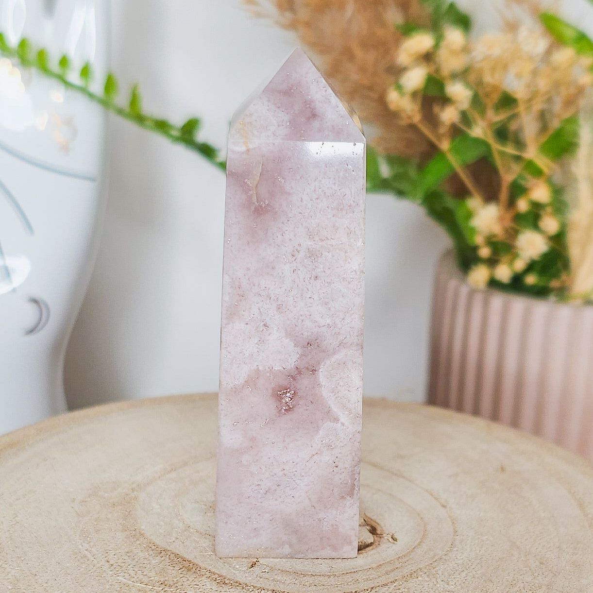 Pink Amethyst with Flower Agate Tower