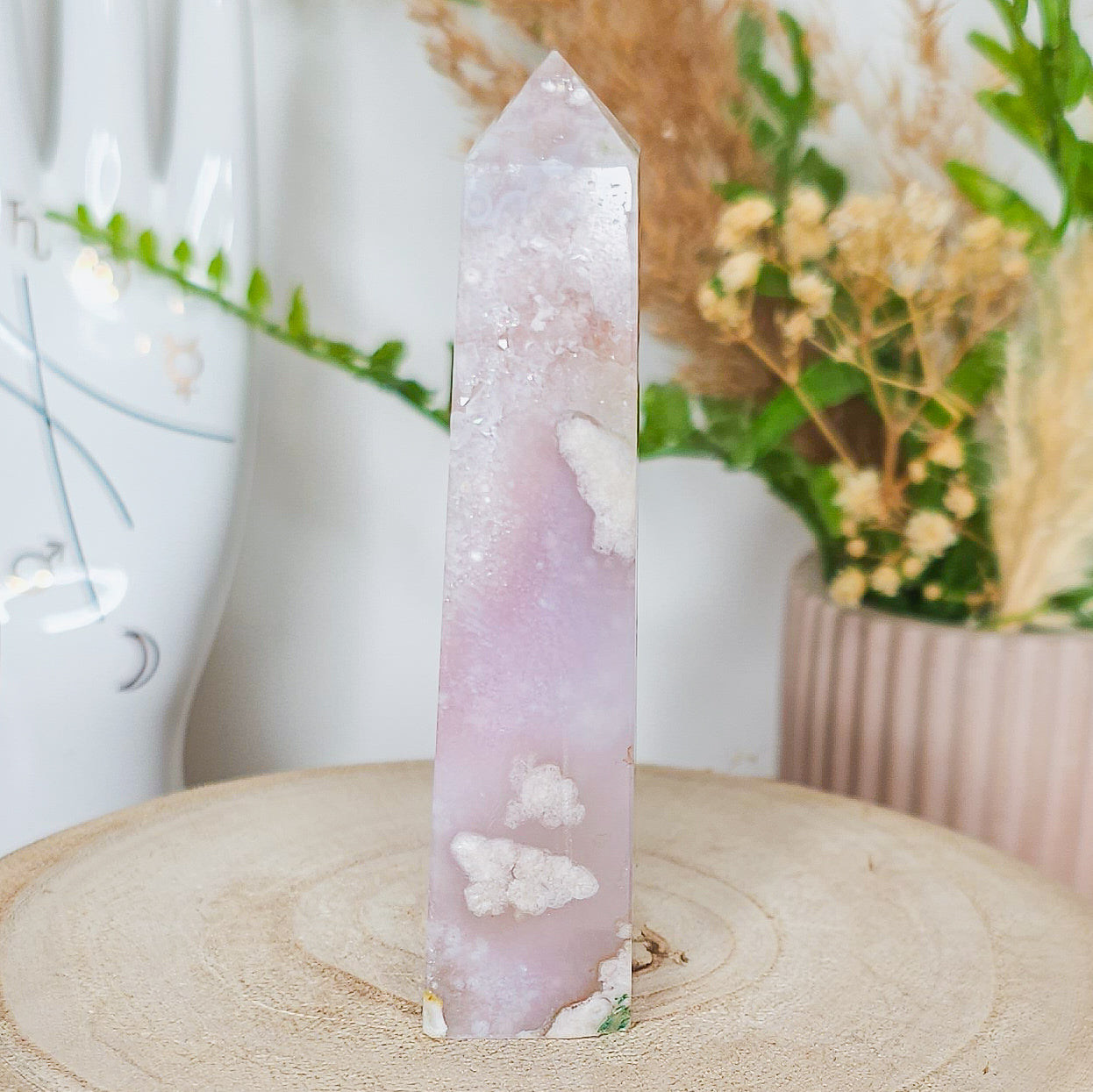 Pink Amethyst with Flower Agate Tower
