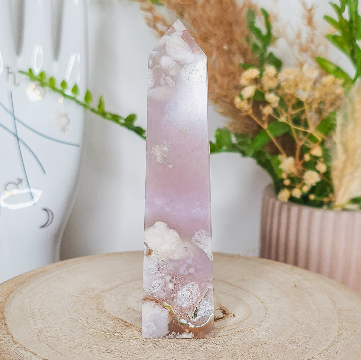 Pink Amethyst with Flower Agate Tower