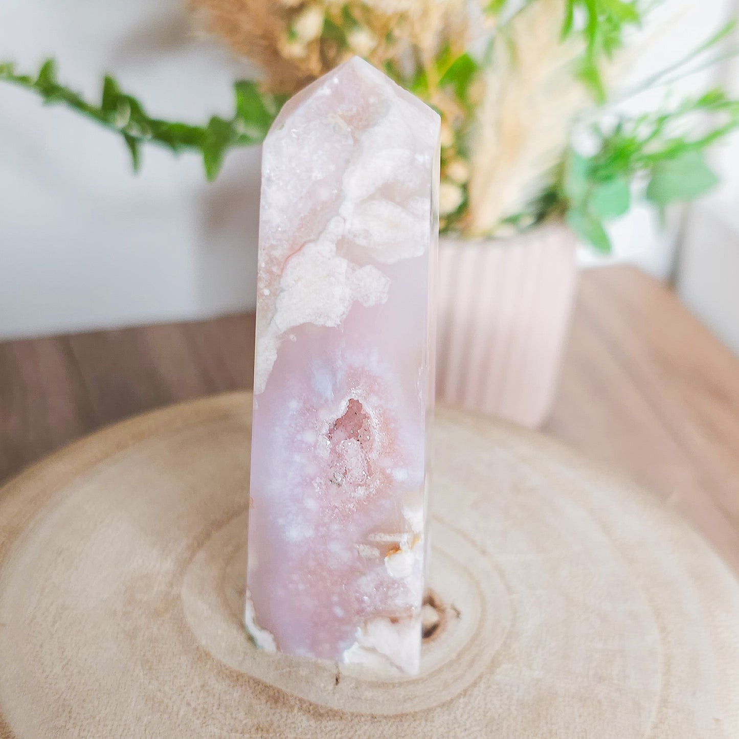 Pink Amethyst with Flower Agate Tower