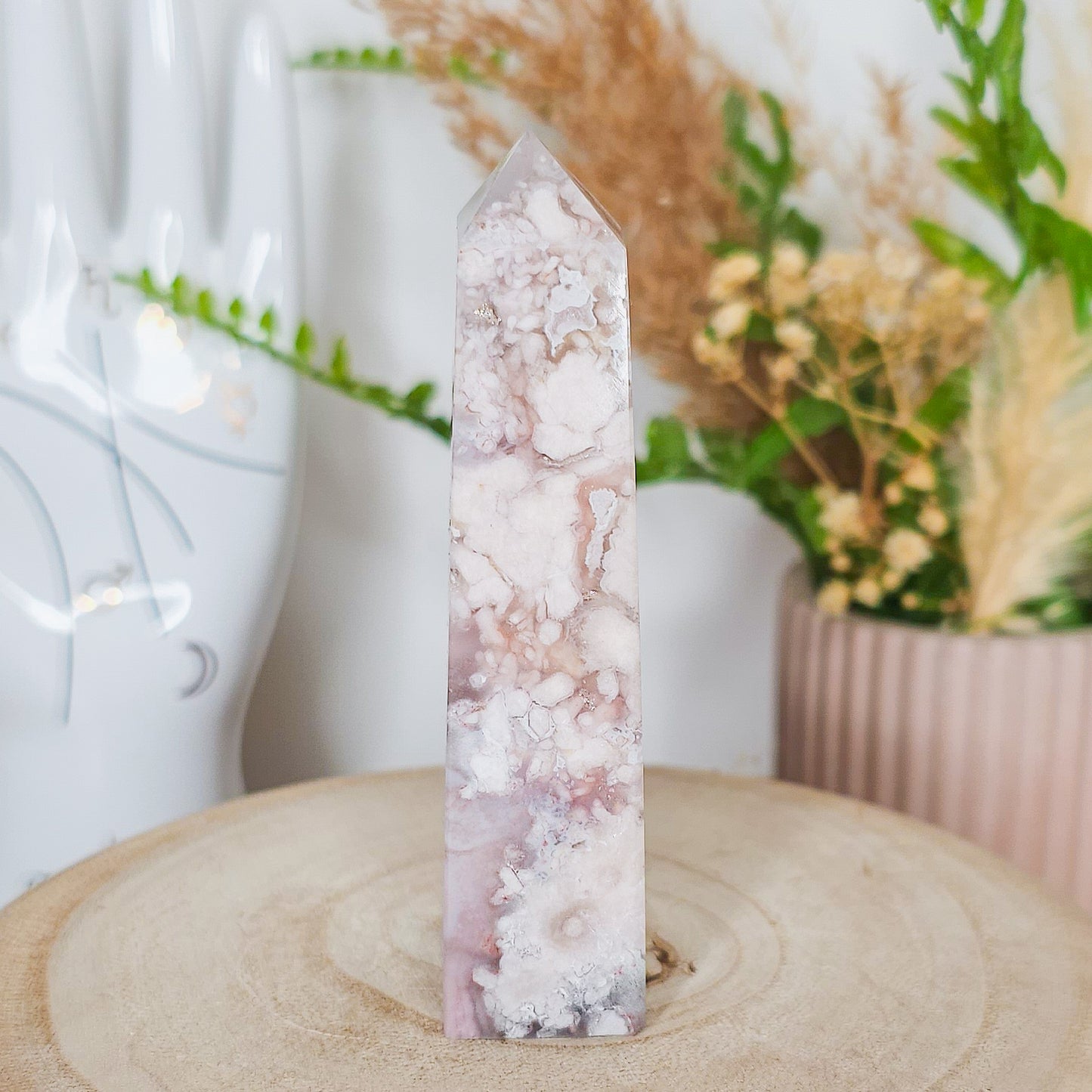 Pink Amethyst with Flower Agate Tower