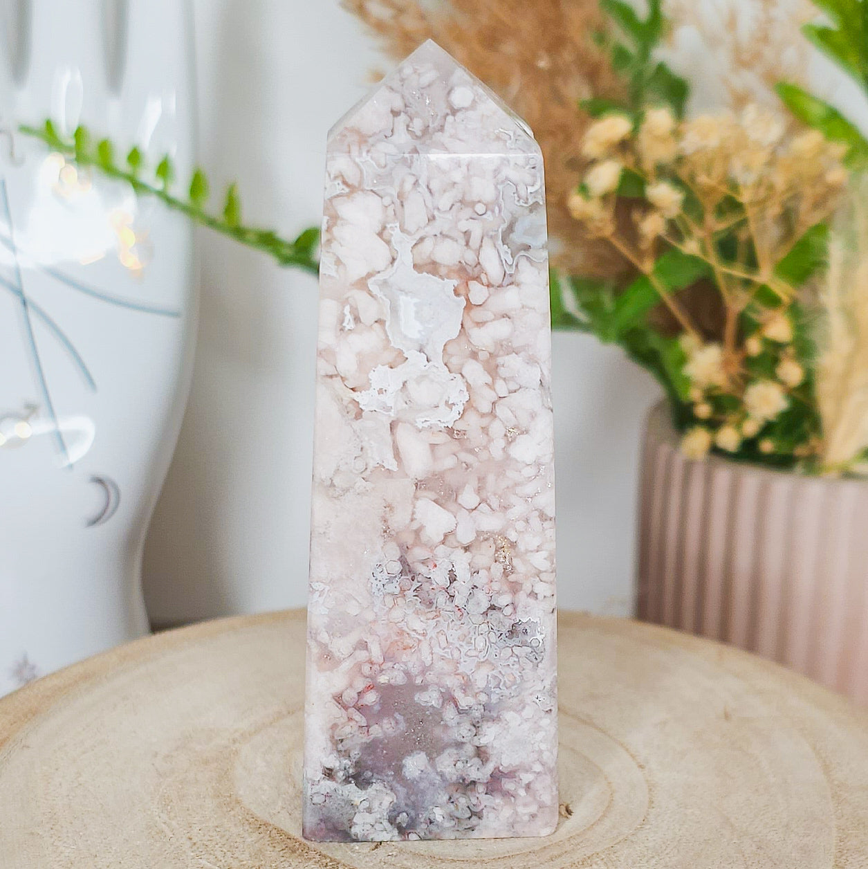 Pink Amethyst with Flower Agate Tower