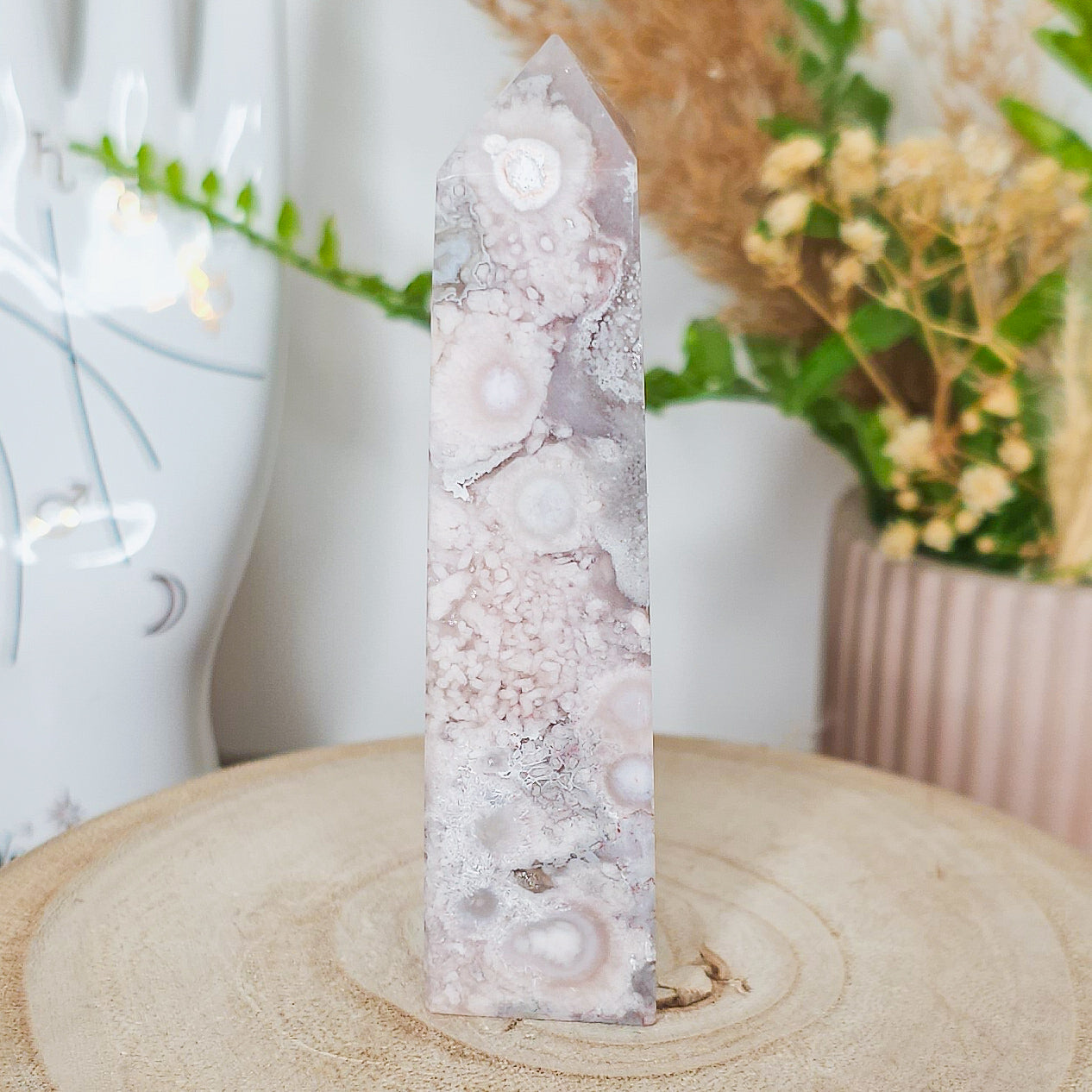 Pink Amethyst with Flower Agate Tower