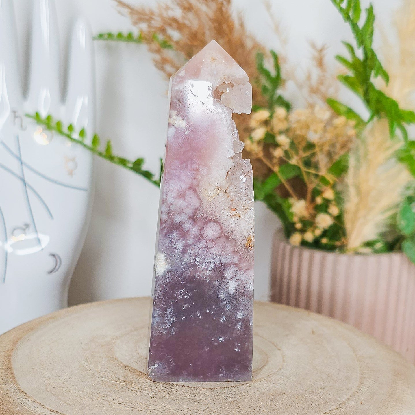 Pink Amethyst with Flower Agate Tower
