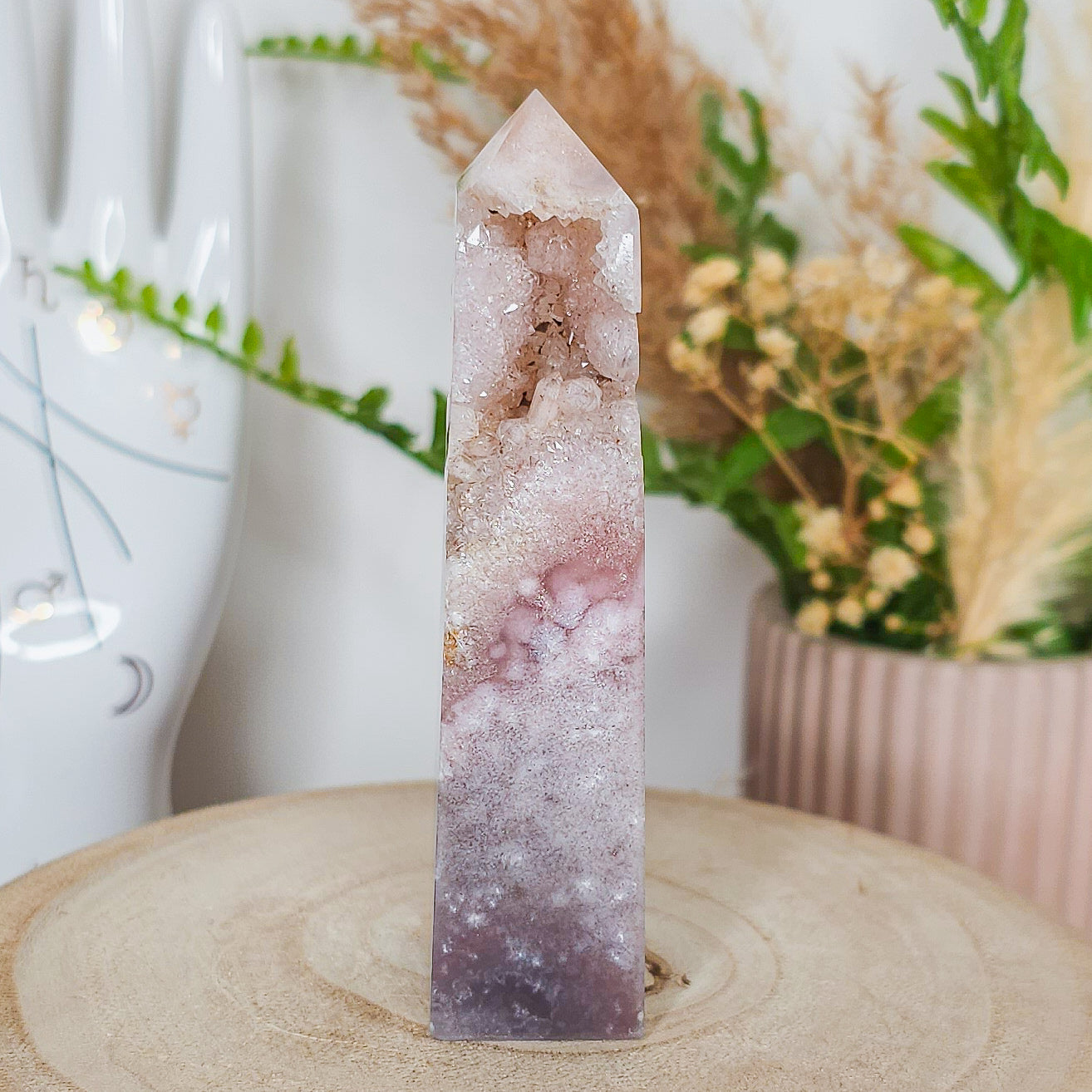 Pink Amethyst with Flower Agate Tower