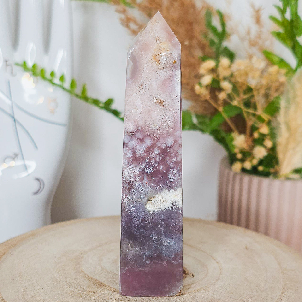 Pink Amethyst with Flower Agate Tower