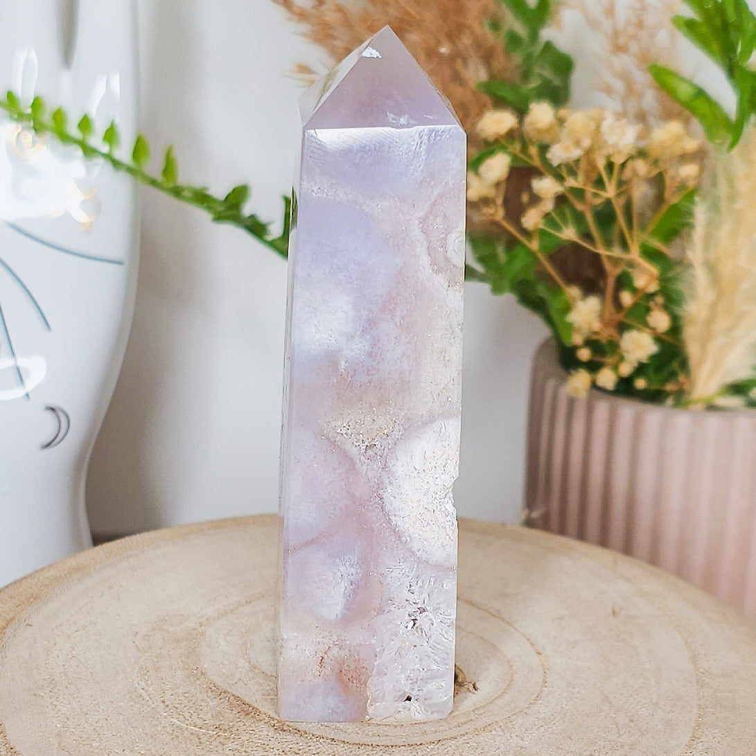 Pink Amethyst with Flower Agate and Quartz Tower