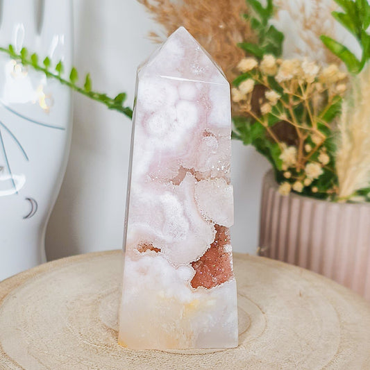 Pink Amethyst with Flower Agate Tower