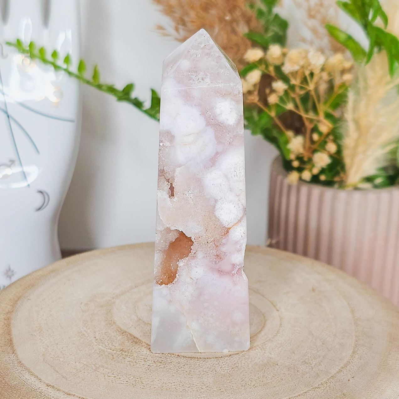 Pink Amethyst with Flower Agate Tower