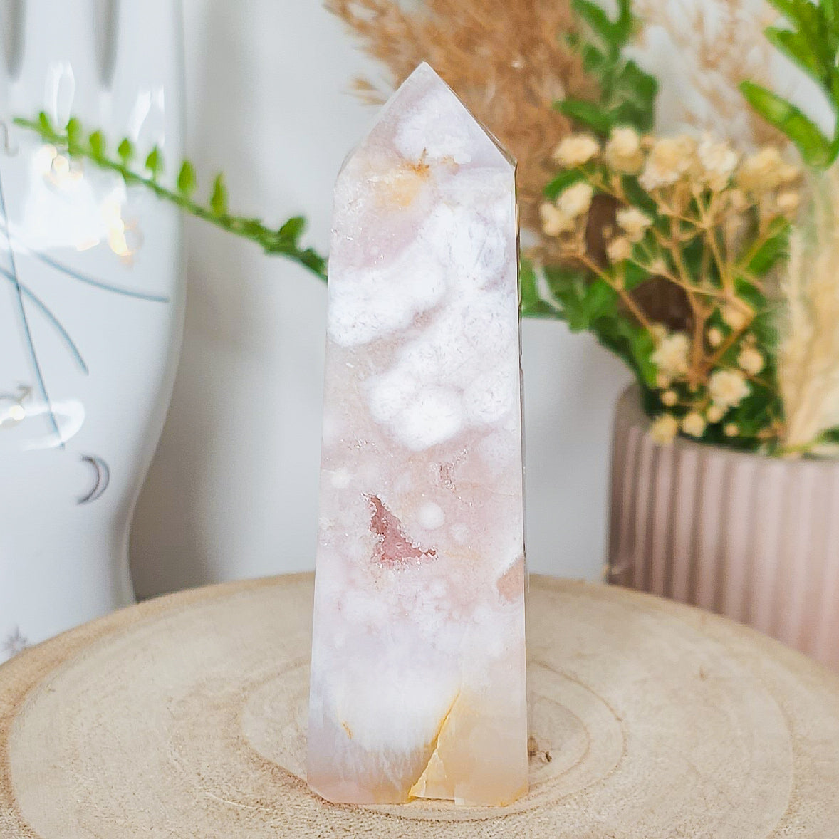 Pink Amethyst with Flower Agate Tower