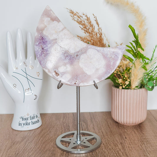 Statement Flower Agate with Pink and Lavender Amethyst and Quartz on the stand