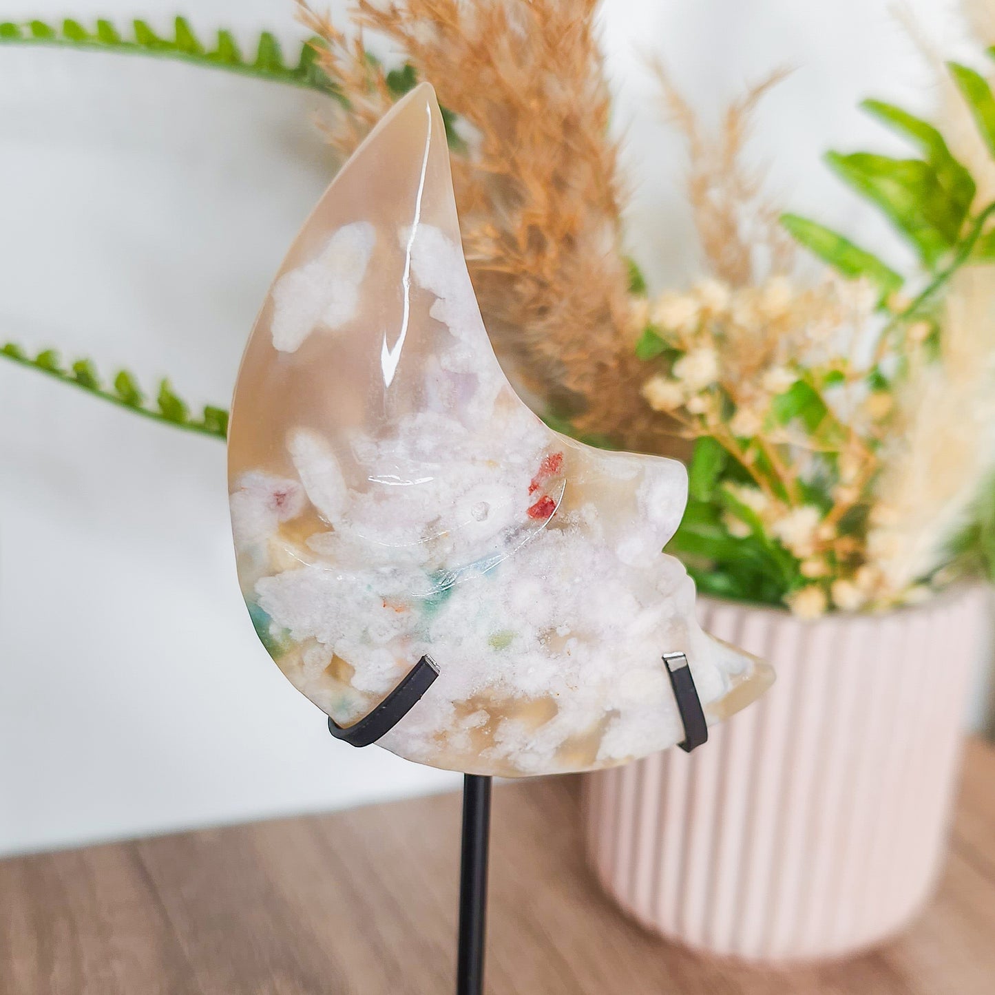 Flower Agate Moon Face on the stand