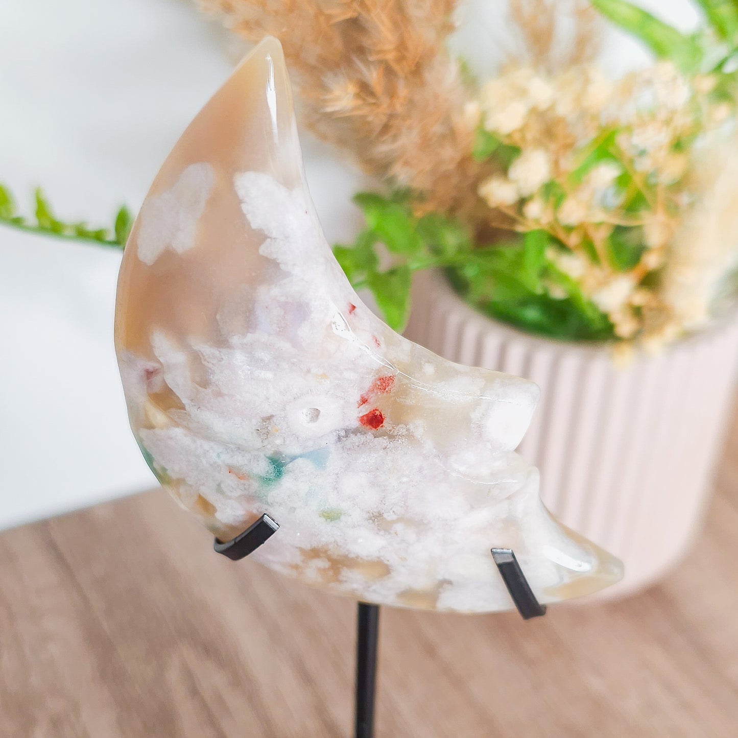 Flower Agate Moon Face on the stand