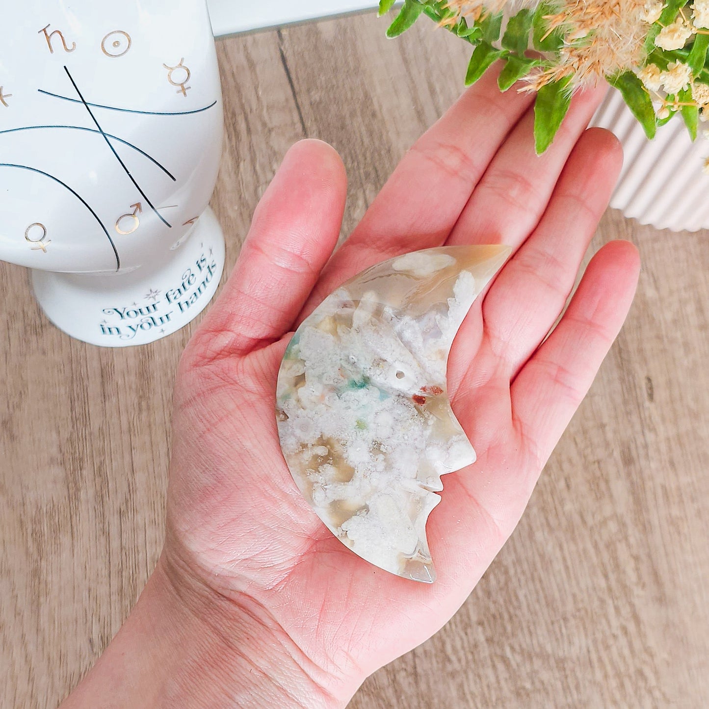 Flower Agate Moon Face on the stand